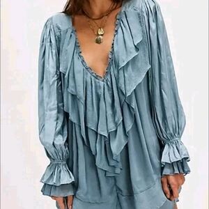 🆕 Free People Prairie Dust Romper In Dusty Blue XS